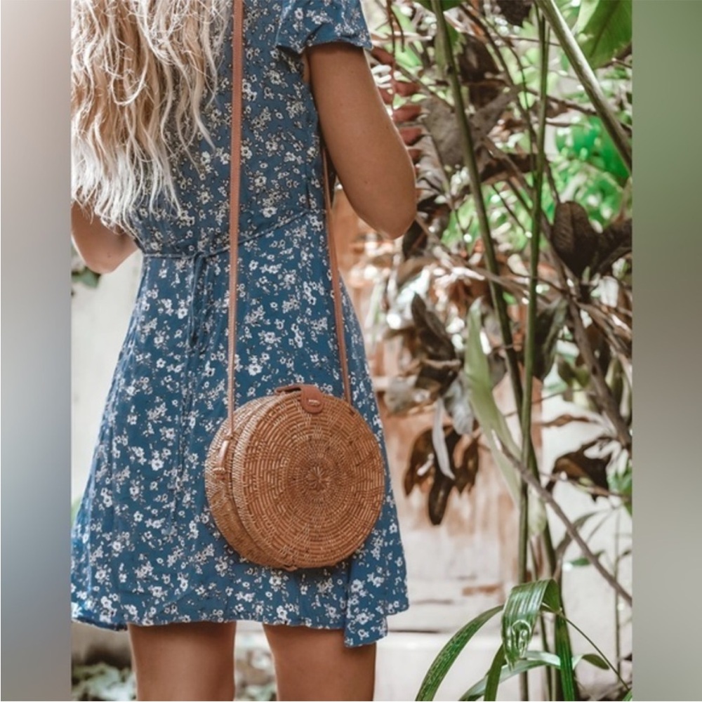 Artisanal Tan Rattan Round Crossbody Bag Leather Strap
